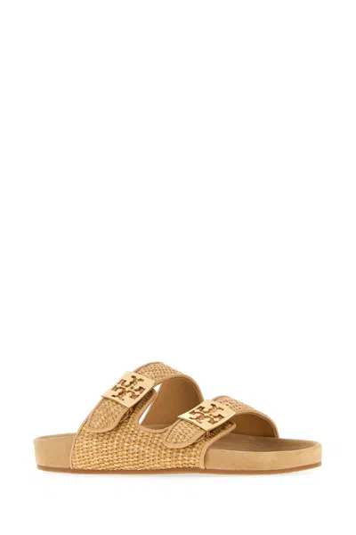 Tory Burch Mellow Logo-embellished Raffia And Leather Sandals In Neutral