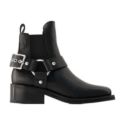 Ganni Buckle-strap Leather Ankle Boot In White