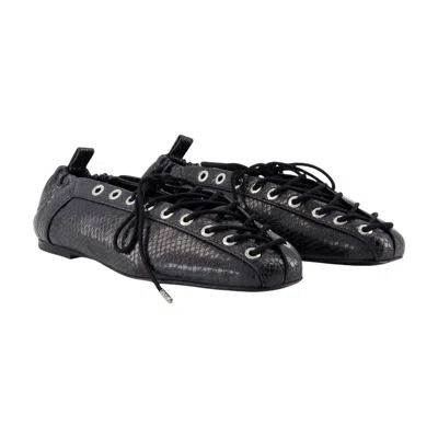Ganni Python Embossed Lace-up Ballerina Flat In Black