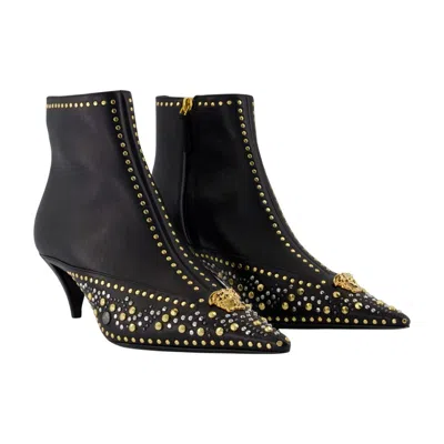 Versace Studded Leather Ankle Boots With Kitten Heel In Black