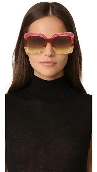 Shop Gucci Square Urban Web Block Sunglasses In Glitter Fuchsia/brown