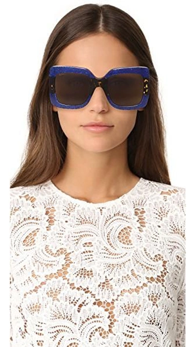 Shop Gucci Square Urban Web Block Sunglasses In Glitter Blue/brown