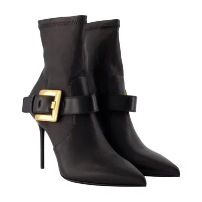 Balmain Buckled Lamb Leather Ankle Boot In Black
