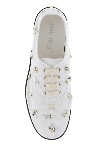 Miu Miu Embellished Canvas Sneaker In White