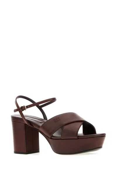 Miu Miu Leather Platform Sandals With 3.5 Cm Plateau And 7.5 Cm Heel In Brown