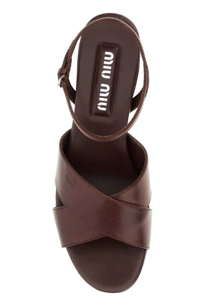 Miu Miu Leather Platform Sandals With 3.5 Cm Plateau And 7.5 Cm Heel In Brown