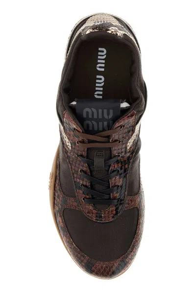 Miu Miu Gymnasium Technical Fabric And Python-print Ayers Leather Sneakers In Brown