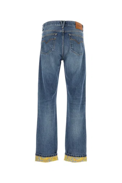 Versace Printed-cuff Denim Jeans In Blue