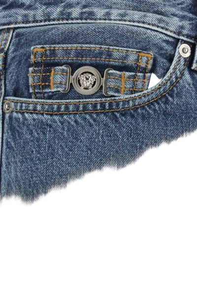 Versace Printed-cuff Denim Jeans In Blue