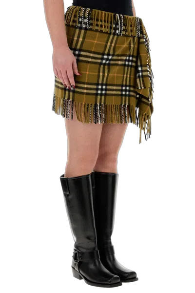 Burberry Women Wool And Cashmere Check Scarf Style Skirt In Green