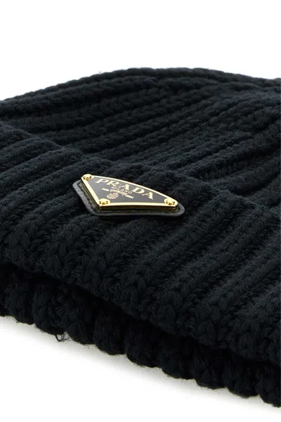Prada Pr1hc3902dzlf0002bb Ribbed Wool Beanie In Black