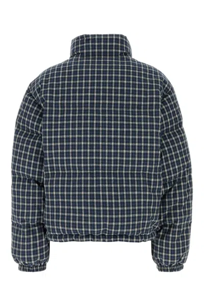Miu Miu Jacket High Collar Checked Pattern Pockets Quilted In Blue
