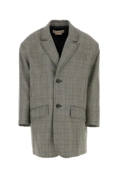 Marni Wool Blazer Oversize Embroidered Checked Design In Gray