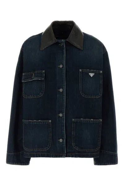 Prada Navy Blue Logo Shirt Collar Jacket In Blue