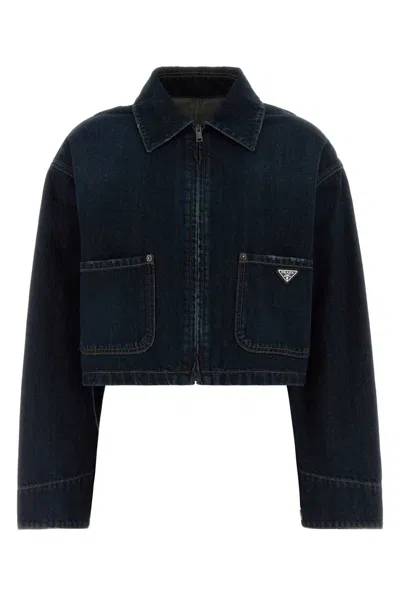 Prada Cropped Denim Jacket Structured Collar Long Sleeves In Blue
