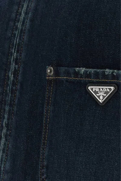Prada Cropped Denim Jacket Structured Collar Long Sleeves In Blue