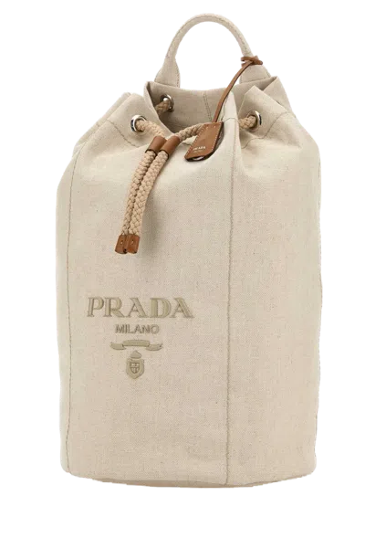 Prada Canvas Backpack 30 X 50 X 20 Cm With Silver Metal Finishing In Beige