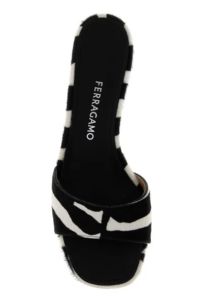 Ferragamo Sandals Open Toe Textured Finish Zebra Pattern In Black