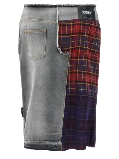Off-white Patchwork Midi Skirt With Stonewashed Cotton Front In Multi