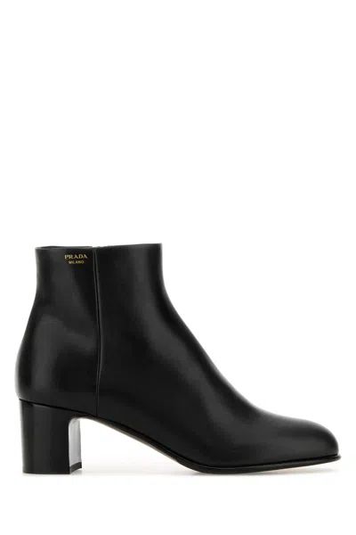 Prada 5 Cm Heel Leather Ankle Boots In Black
