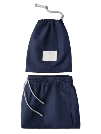 Brunello Cucinelli Straight-leg Mid-length Logo-embroidered Swim Shorts In Blue
