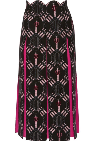 Valentino Love Blades Silk-paneled Printed Wool-blend Midi Skirt In Black