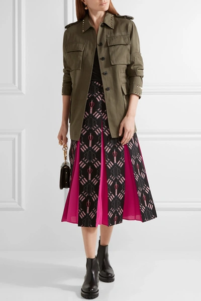 Shop Valentino Love Blades Silk-paneled Printed Wool-blend Midi Skirt