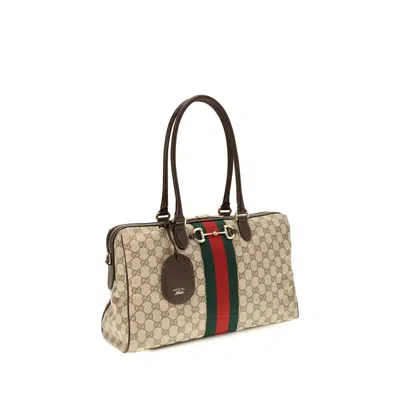 Gucci Gg Canvas With Web Stripe Top Handle Bag In Beige