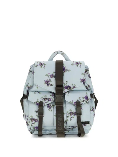 Ganni Re-tech Nylon Backpack With Floral Pattern In Blue