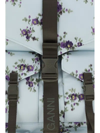 Ganni Re-tech Nylon Backpack With Floral Pattern In Blue