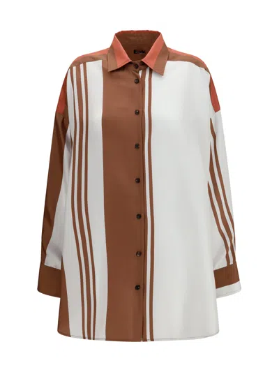 Kiton Long Striped Silk Shirt In Brown