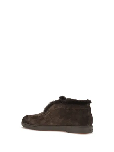 Santoni Suede Fur Trim Ankle Height Loafers In Brown
