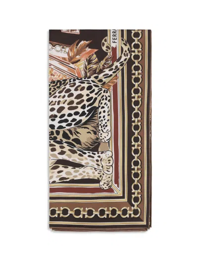 Ferragamo Silk Foulard Animal Pattern Rectangular Design In Brown