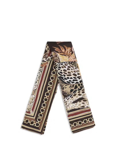 Ferragamo Silk Foulard Animal Pattern Rectangular Design In Brown