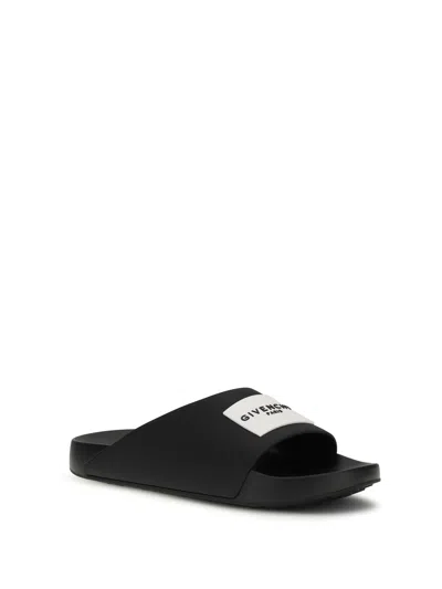 Givenchy Black Sandals With Wide Band And Contrasting Logo Patch In Rubber Man In Black