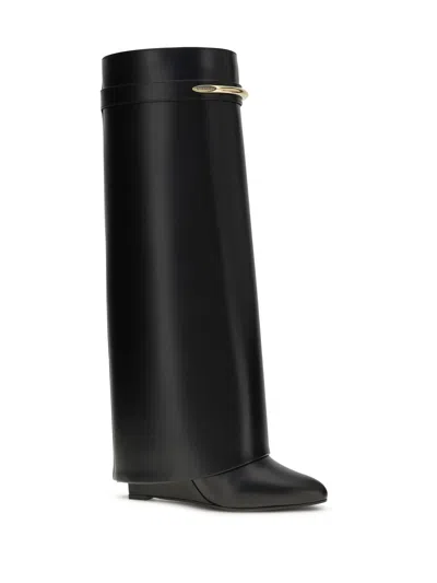 Givenchy Women Black Sandals With Logo Plaque On The Front And High Wedge Heel In Leather Woman In Black