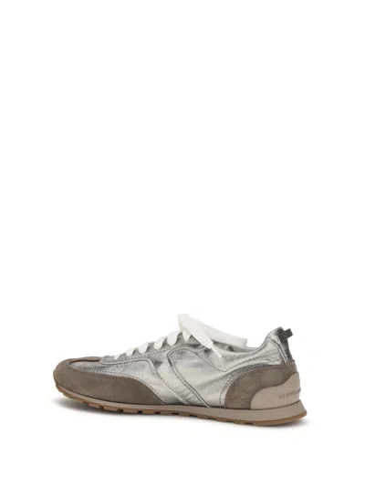 Brunello Cucinelli Monili Pull-tab Crinkle-effect Leather Low-top Sneakers In Gray