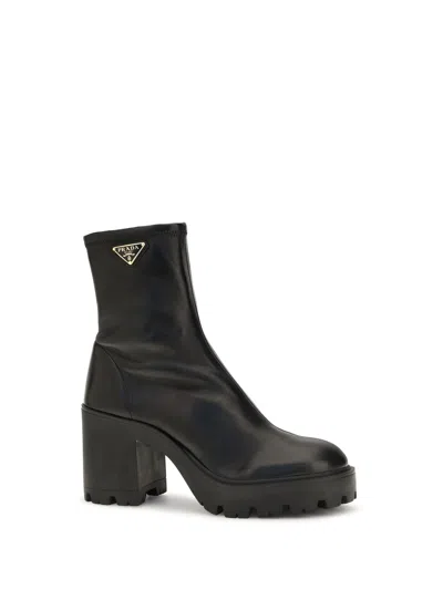 Prada Stretch Calf Leather Platform Ankle Boot In Nero