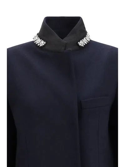 Prada Belted Jacket Embellished Collar Front Pockets In Blue