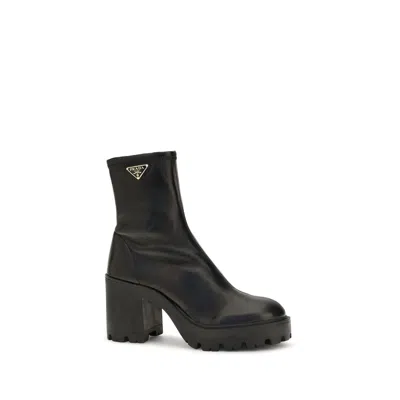 Prada Stretch Calf Leather Platform Ankle Boot In Black