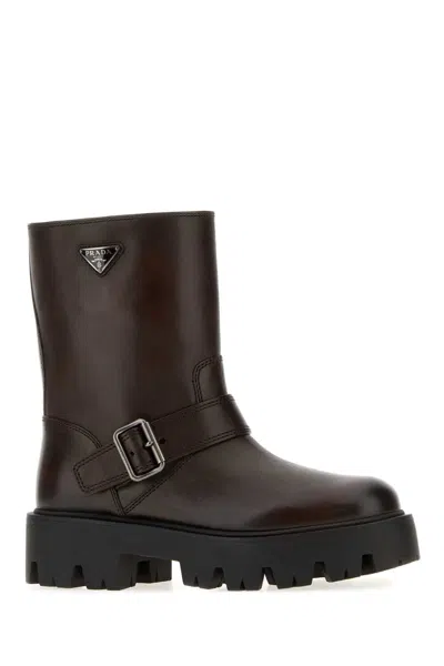 Prada Leather Ankle Boots Chunky Heel Round Toe In Multi