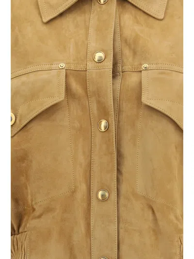 Versace Beige Suede Pointed Collar Elasticated Hem Jacket In Brown