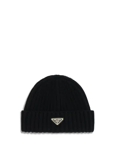Prada Pr1hc3902dzlf0002bb Ribbed Wool Beanie In Black