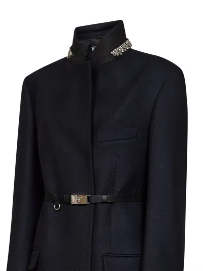Prada Belted Jacket Embellished Collar Front Pockets In Black