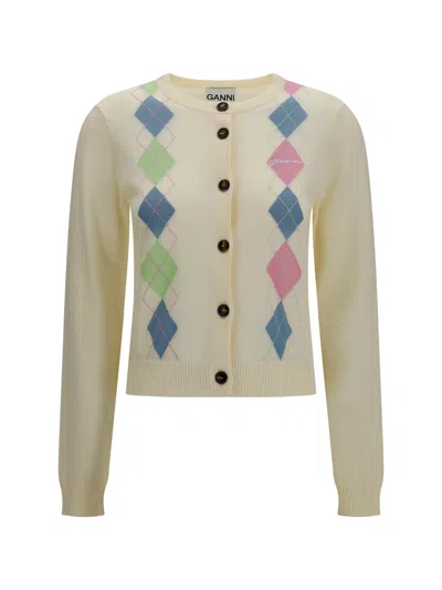 Ganni Diamond-pattern Cotton Cardigan In Neutral