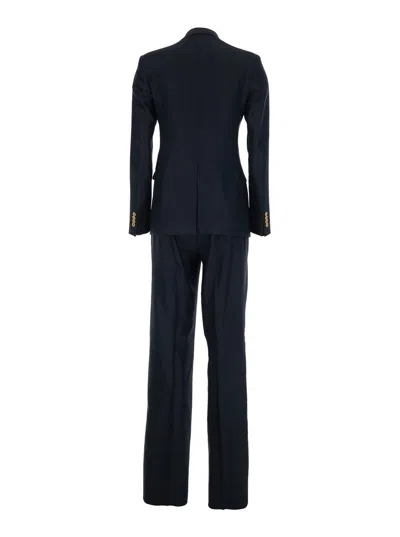 Tagliatore Linen Double Breasted Suit Gold Buttons In Blue