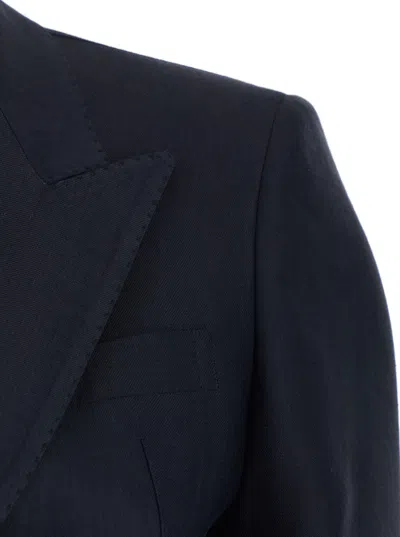 Tagliatore Linen Double Breasted Suit Gold Buttons In Blue