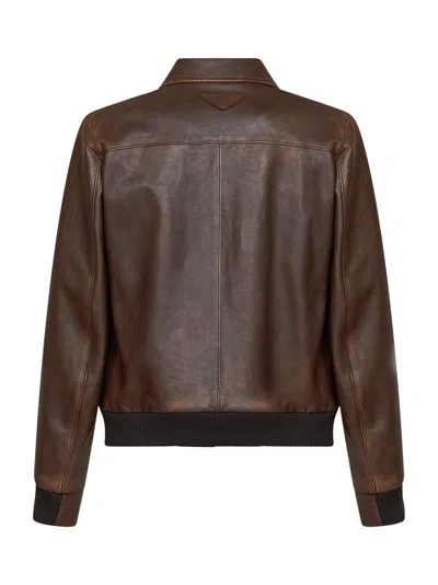 Prada Collared Long-sleeved Leather Jacket In Brown