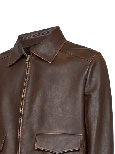 Prada Collared Long-sleeved Leather Jacket In Brown
