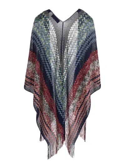 Missoni Chevron-patterned Viscose Knit Cape In Blue